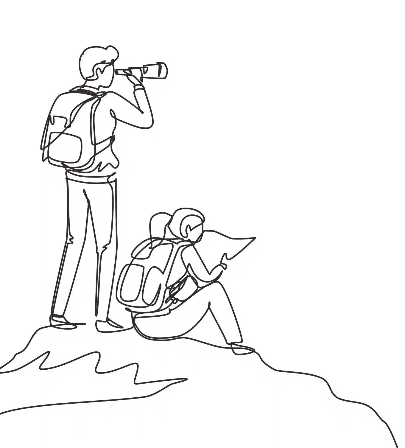 Line art illustration of two tourists on a mountain: a man with binoculars and a woman with a map