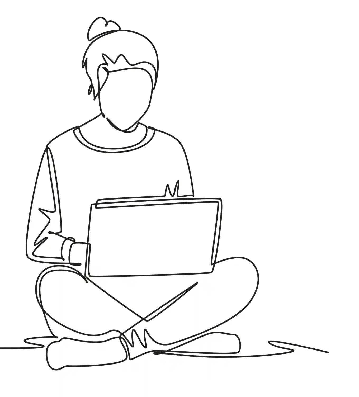 Line Art Illustration einer Frau die im Schneidersitz einen Laptop benutzt